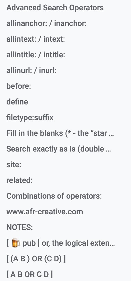 henkvaness's tweet photo. 🅶🅾🅾🅶🅻🅴 🆃🅸🅿 Here, in one place, are all of the currently documented advanced search operators of Google, compiled by the only search anthropologist Google has, @dmrussell, author of #thejoyofsearch  (10 pages, Google Doc) https://t.co/3Kkc3IshiL https://t.co/AvBOMf6bjG