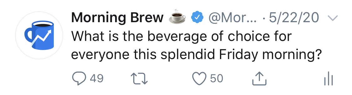 3/ Build consistent franchisesFirst "what is everyone drinking" tweet:49 comments 26,514 impressionsFifth "what is everyone drinking" tweet:114 comments 43,346 impressionsbuild out mini-franchises and be consistent