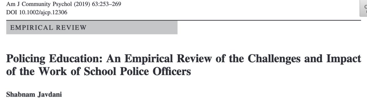 337/ "School Police Officers represent a workforce seemingly underprepared to achieve the goals of their work but who also possess relatively high authority and discretion." & "No support for the assumption that SPO presence deters negative behavior."
