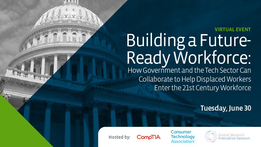 CompTIA_PS's tweet photo. Just announced: @cathymcmorris &amp; @jerrymcnerney will join leaders from the @WhiteHouse, @CommerceGov, @Salesforce &amp; @IBM for “Building a Future-Ready Workforce,” a virtual event from @CompTIA, @CTATech &amp; @_GlobalWIN on June 30 at 11am ET. Register today! https://t.co/GRXs8knP0m https://t.co/osWpmaVfGB