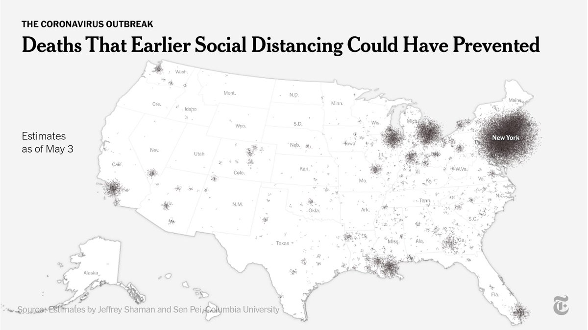 More than 22,000 lives could have been saved in the New York City area if social distancing had started just one week earlier, Columbia University researchers estimate.Across the U.S., that number is 36,000, the estimates say.  http://nyti.ms/2YyocPr 