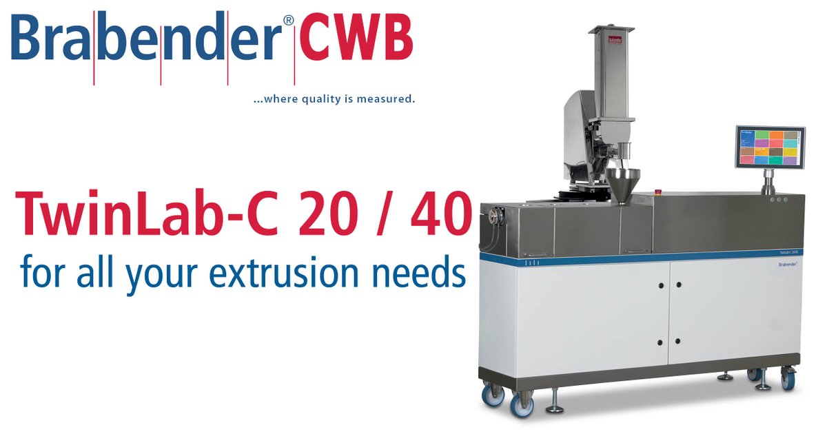 CWBrabender's tweet photo. The Twin-Lab-C 20/40 co-rotating twin screw is capable of measuring pressure, temperature, and the power load of polymers that can be scaled to production size applications. https://t.co/m9K3e1OfGF https://t.co/BSqHPuRnsT