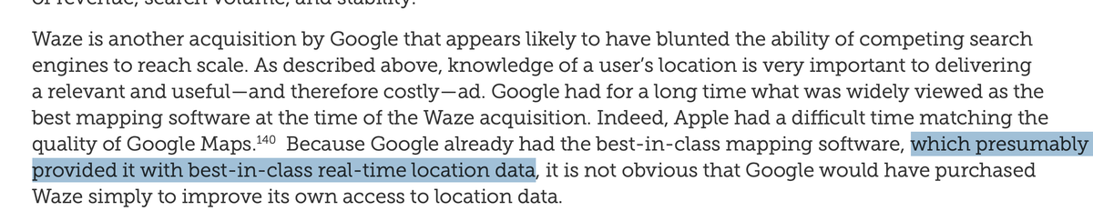 This section (pic 1) is particularly embarrassing when compared with the ex post assessment of the merger commissioned by the CMA (2), which actually understands the difference between Google Maps and Waze – and identifies efficiencies in the merger (3).  https://assets.publishing.service.gov.uk/government/uploads/system/uploads/attachment_data/file/803576/CMA_past_digital_mergers_GOV.UK_version.pdf