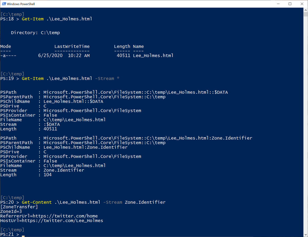 Lee_Holmes's tweet photo. Did you know that PowerShell lets you work with Alternate Data Streams?

Get-Item ~/Downloads/* -Stream * https://t.co/Um3CStVA74