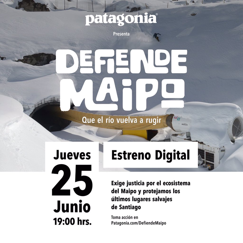 NoAltoMaipo's tweet image. Imperdible, hoy 25 de junio se estrena Defiende Maipo, un nuevo documental de #Patagonia sobre el desastre que genera Alto Maipo, no solo en el Cajón del Maipo sino que en toda la región Metropolitana. ¡No te lo pierdas!

#PorElAguaDeStgo #ProtegeElCajon #NoAltoMaipo