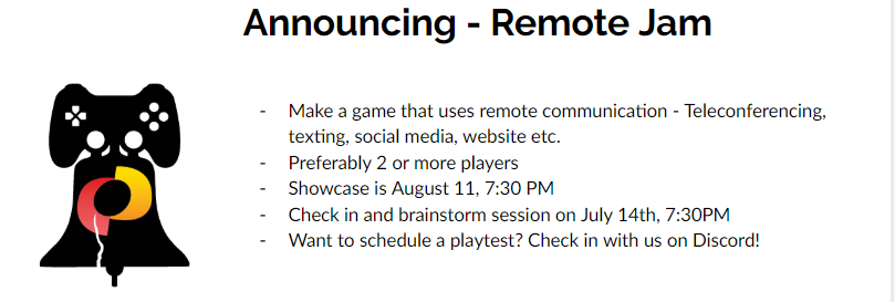 IGDAPhilly's tweet photo. At our June Showcase, we announced Remote Jam! We're excited to play all of the games our community comes up with! See you in July for the check in/play test! #remotejam #phillymakesgames https://t.co/8RmsUGVpwf