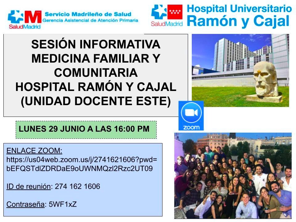 Todos aquellos #R0 interesados en información acerca de la especialidad de Medicina Familiar y Comunitaria🩺 en el Hospital Ramón y Cajal🏥: tenemos sesión informativa virtual vía Zoom para vosotros‼️
🗓29/06/2020
⏰16:00
#MFyC #HRyC #FSE #FSEnlucha 
<a href="/MdcnCabreada/">Medicina Cabreada</a> <a href="/CTOMedicinaES/">CTO Medicina</a>