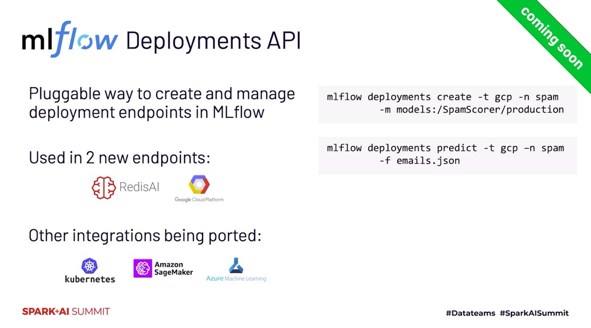 2twitme's tweet image. As indicated @SparkAISummit by @matei_zaharia coming soon to @MLflow are pluggable deployment APIs #DataTeams #SparkAISummit