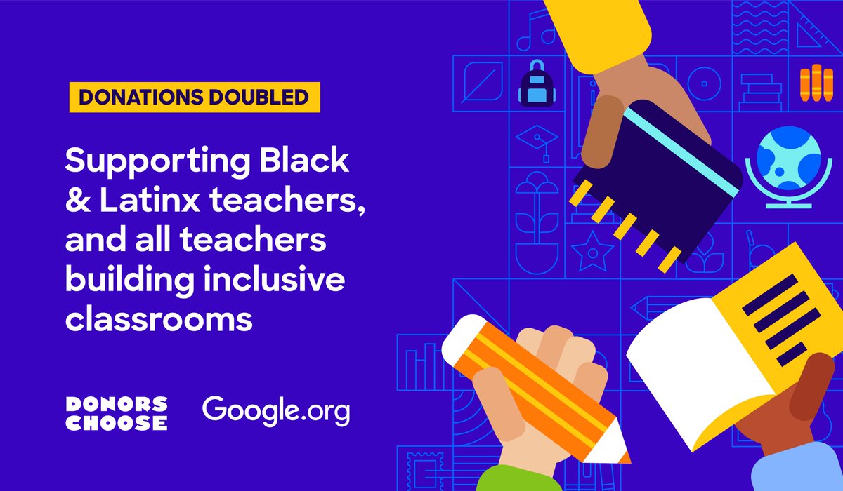 Starting today, our friends at <a href="/Googleorg/">Google.org</a> are matching donations to projects from Black and Latinx teachers, and projects from any teacher who requests inclusive classroom materials. Give and have your donation doubled: donorschoose.org/donors/search.…