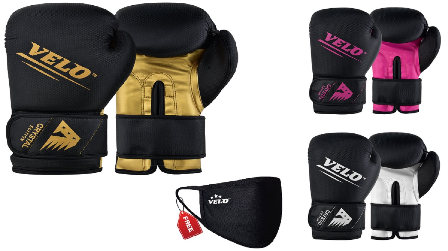VELO Boxing Gloves Crystal Leather Muay Thai Training Sparring Punching Bag Mitt 