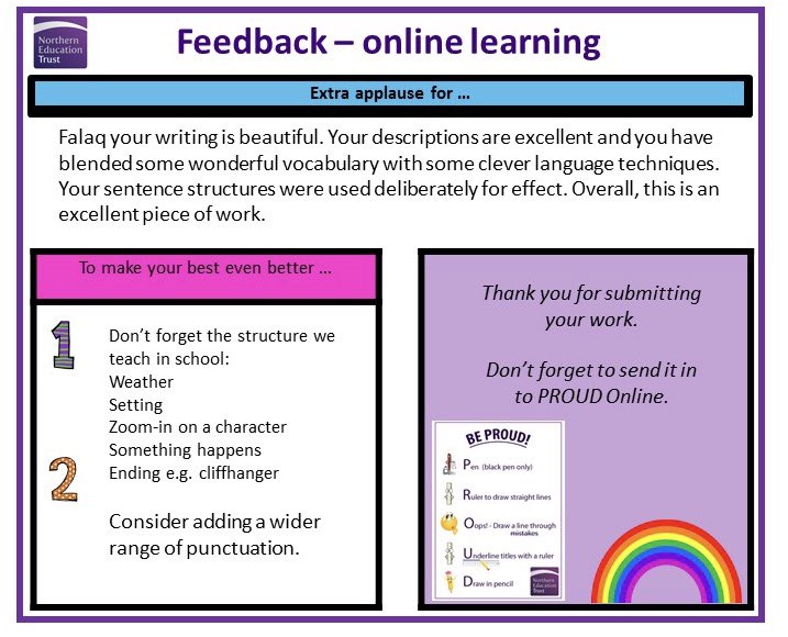 GrangefieldTLC's tweet photo. Falaq.P in Y7 has been nominated as a PROUD winner for her superb piece of creative writing! Well done! 👏🏻💜 @Grangefield #PROUD #teamgrange https://t.co/SoD3ukVGtU