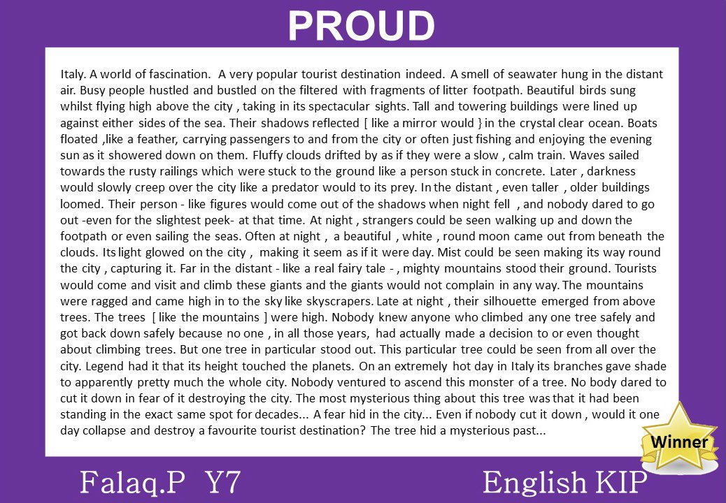 GrangefieldTLC's tweet photo. Falaq.P in Y7 has been nominated as a PROUD winner for her superb piece of creative writing! Well done! 👏🏻💜 @Grangefield #PROUD #teamgrange https://t.co/SoD3ukVGtU