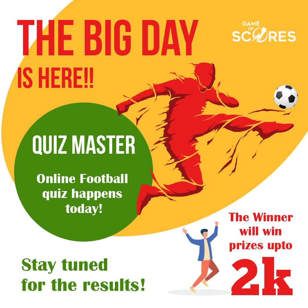 SportWizzleague's tweet photo. Finally! The Big day here!

Thanks to all the participants for registering for Game of Scores Online Quiz contest.

The Quiz begins at 8 PM &amp; the winner will take away prizes worth 2K!

Registrations are now closed. Stay tuned for the results.

#QuizTime #SoccerLover #QuizMaster https://t.co/sC8DTe7PfV