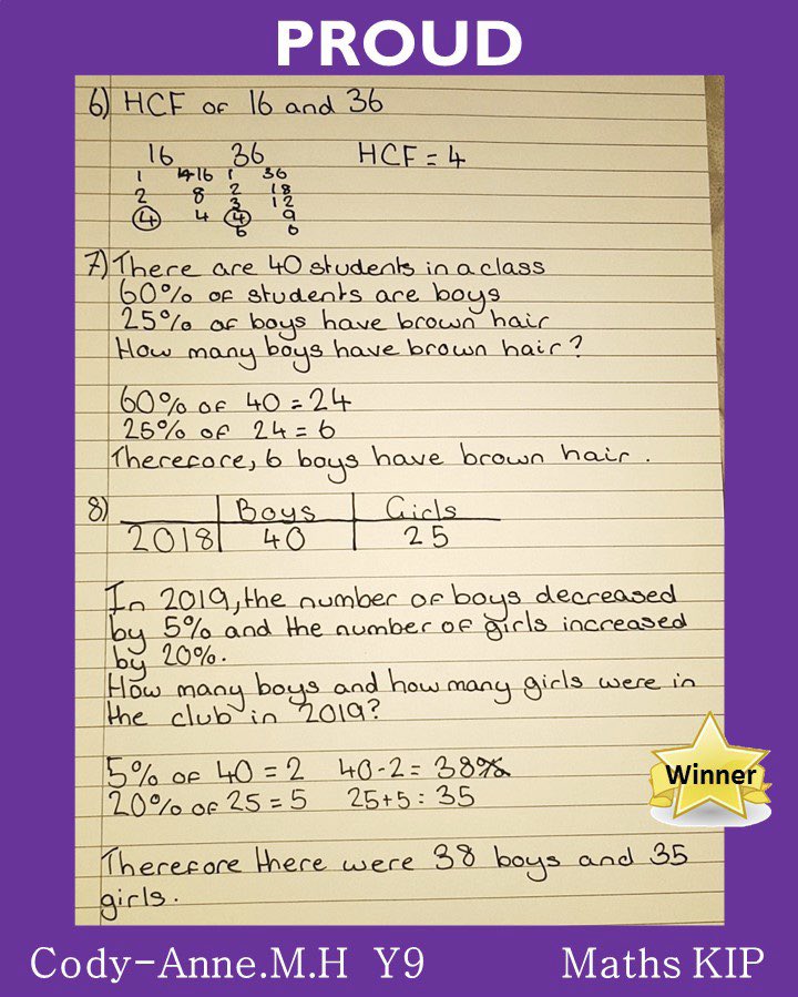 GrangefieldTLC's tweet photo. Our final PROUD winner this week is Cody-Anne.M.H in Y9. This is a superb effort on your Maths KIP, well done 👏🏻💜 @Grangefield #PROUD #teamgrange https://t.co/lHQSeXQSzp