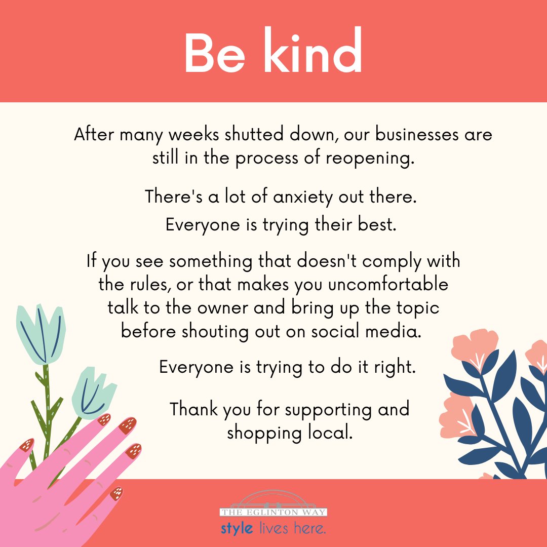 As shops begin opening up, we encourage you to be kind! If you see something, please let the business know before complaining on social media. 

We are very excited to be reopening, and we look forward to seeing you on the streets!

Thank you for shopping local :)

#shoplocal
