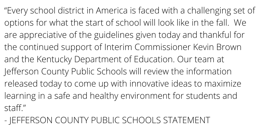 JCPS (@jcpsky) on Twitter photo 📢 ICYMI: <a href="/KyDeptofEd/">KY Dept of Education</a> is giving more guidance about what school will look like when we return. Catch up on the latest updates here:
📰<a href="/courierjournal/">Courier Journal</a> STORY ➡️buff.ly/2NrPGQm
📄 #HealthyAtSchool PLAN ➡️ bit.ly/2Z7BTUD
📝<a href="/JCPSKY/">JCPS</a> STATEMENT ⬇️
#WeAreJCPS 📢 ICYMI: <a href="/KyDeptofEd/">KY Dept of Education</a> is giving more guidance about what school will look like when we return. Catch up on the latest updates here:
📰<a href="/courierjournal/">Courier Journal</a> STORY ➡️buff.ly/2NrPGQm
📄 #HealthyAtSchool PLAN ➡️ bit.ly/2Z7BTUD
📝<a href="/JCPSKY/">JCPS</a> STATEMENT ⬇️
#WeAreJCPS