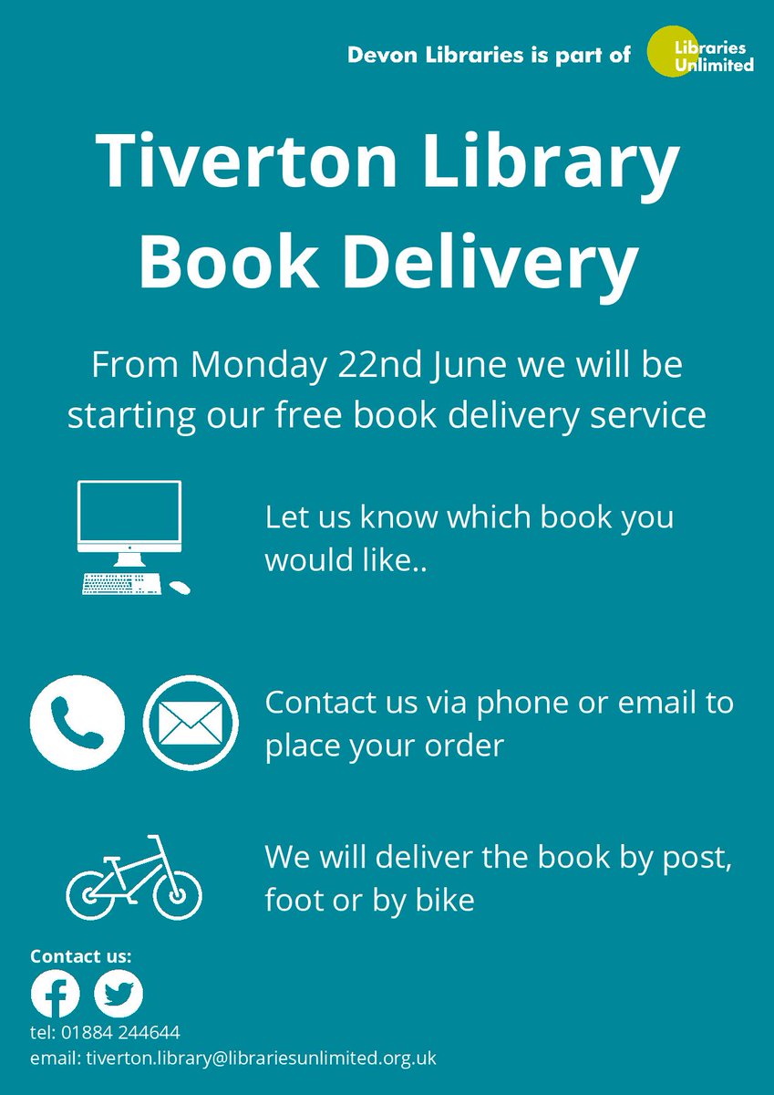 Tiverton Library are now offering a book delivery service - so if you've spent the last three months reading every book in the house twice over, the good news is you can now pick something different!