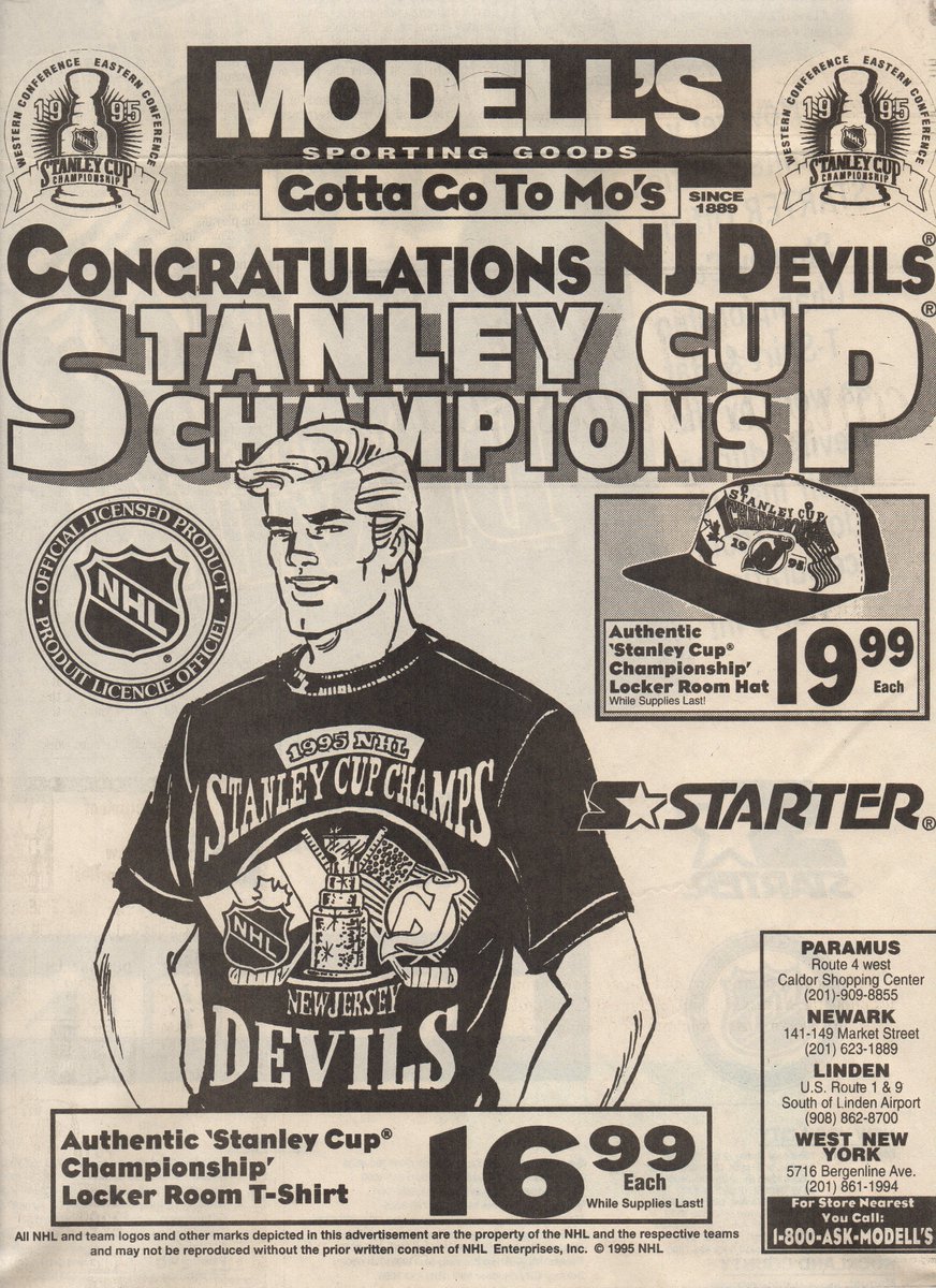 NJDevilsFanClub's tweet photo. 25 years ago this morning, many of us lined up at stores like Modell's, The Sports Authority, or Herman's to purchase Stanley Cup Championship #NJDevils gear. #95Devils https://t.co/vWWyYf7VZe