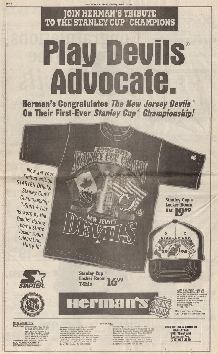 NJDevilsFanClub's tweet photo. 25 years ago this morning, many of us lined up at stores like Modell's, The Sports Authority, or Herman's to purchase Stanley Cup Championship #NJDevils gear. #95Devils https://t.co/vWWyYf7VZe