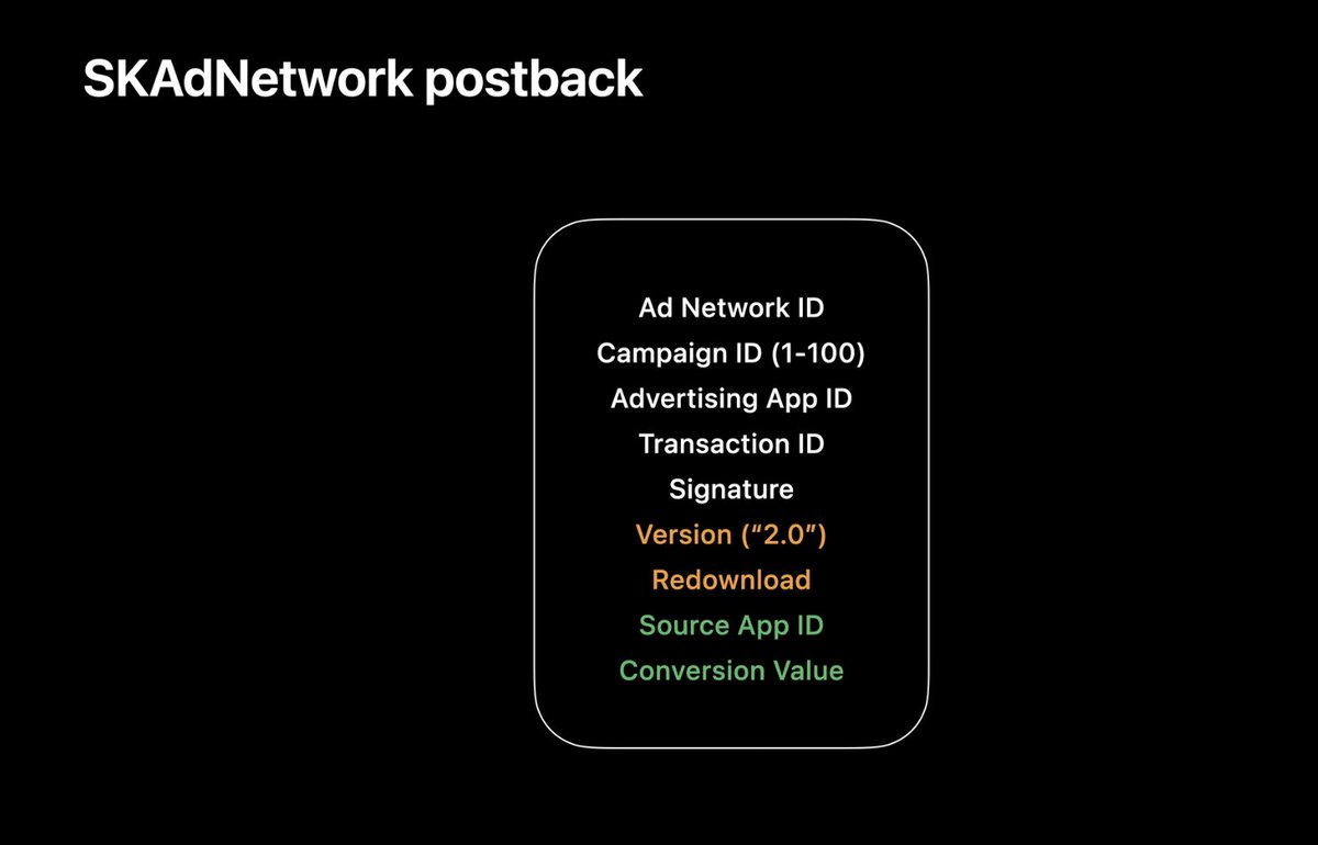 5/ This likely means that every ad network will now offer AEO- and VO-equivalent campaign strategies, since Apple will handle conversion event posting and there's no reason to withhold that info from networks since the postbacks are anonymous