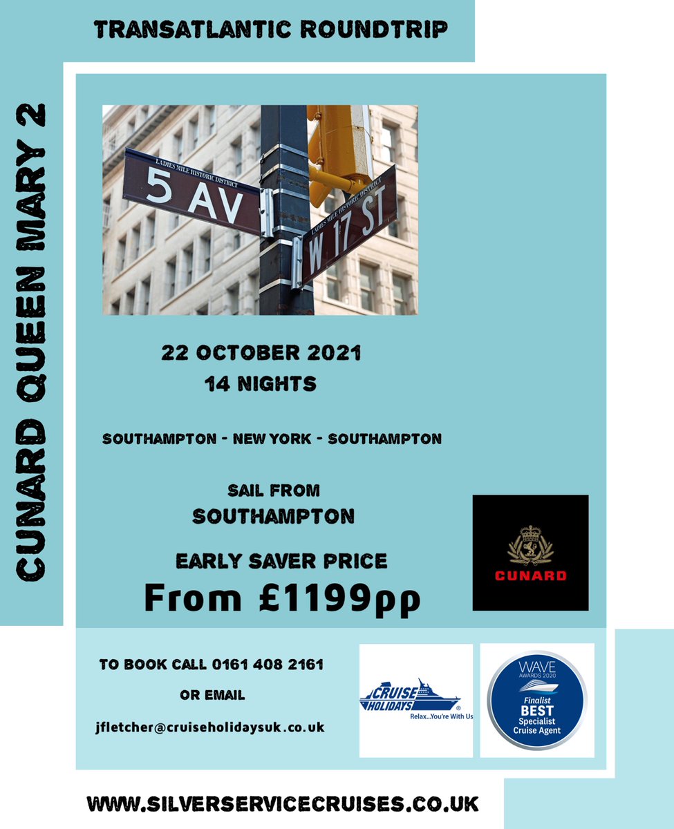 What is more exciting and fabulous than a transatlantic voyage on the #QueenMary2?  The answer is a round trip #transatlantic voyage? This really is an experience you will not want to miss.

CALL 0161 408 2161

…servicecruises.cruiseholidaysuk.co.uk/special-offers…
