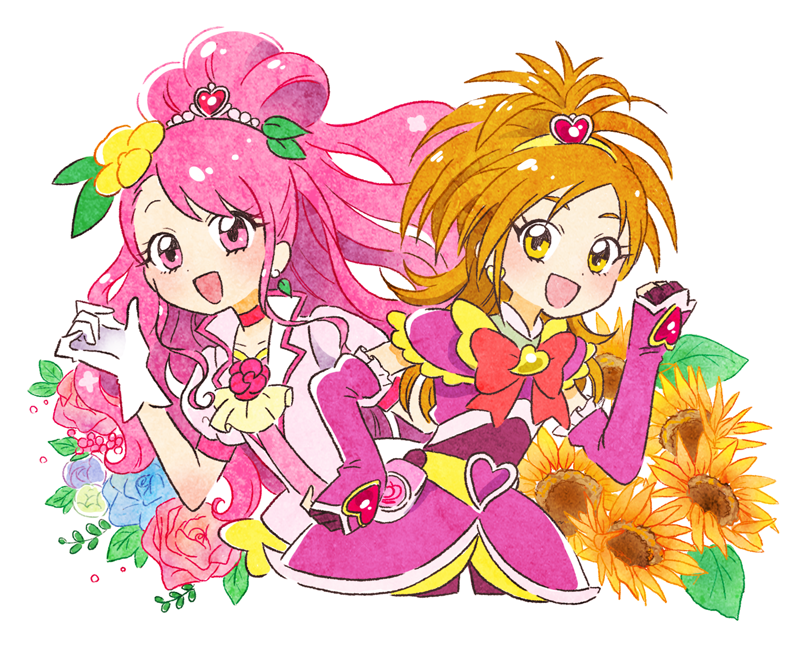 multiple girls 2girls flower hair ornament long hair gloves pink hair  illustration images