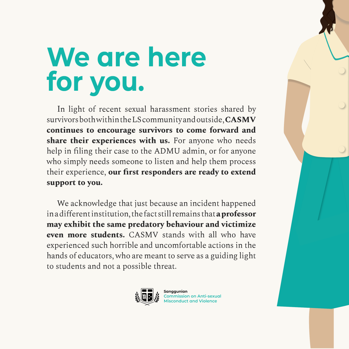 CASMV is here for you.

May we be reminded that despite such trying times, your voice should still be heard. Speaking up is a tough decision and we are here to support you through this process. (1/3)