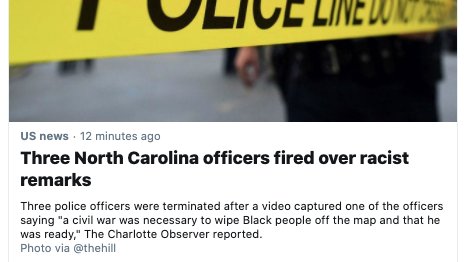 The North Carolina cops were fired over the statement "a civil war was necessary to wipe Black people off the map." That's not a "racist remark." That's the language of genocide. Media irresponsibility in covering racism and political violence? HERE YOU GO.