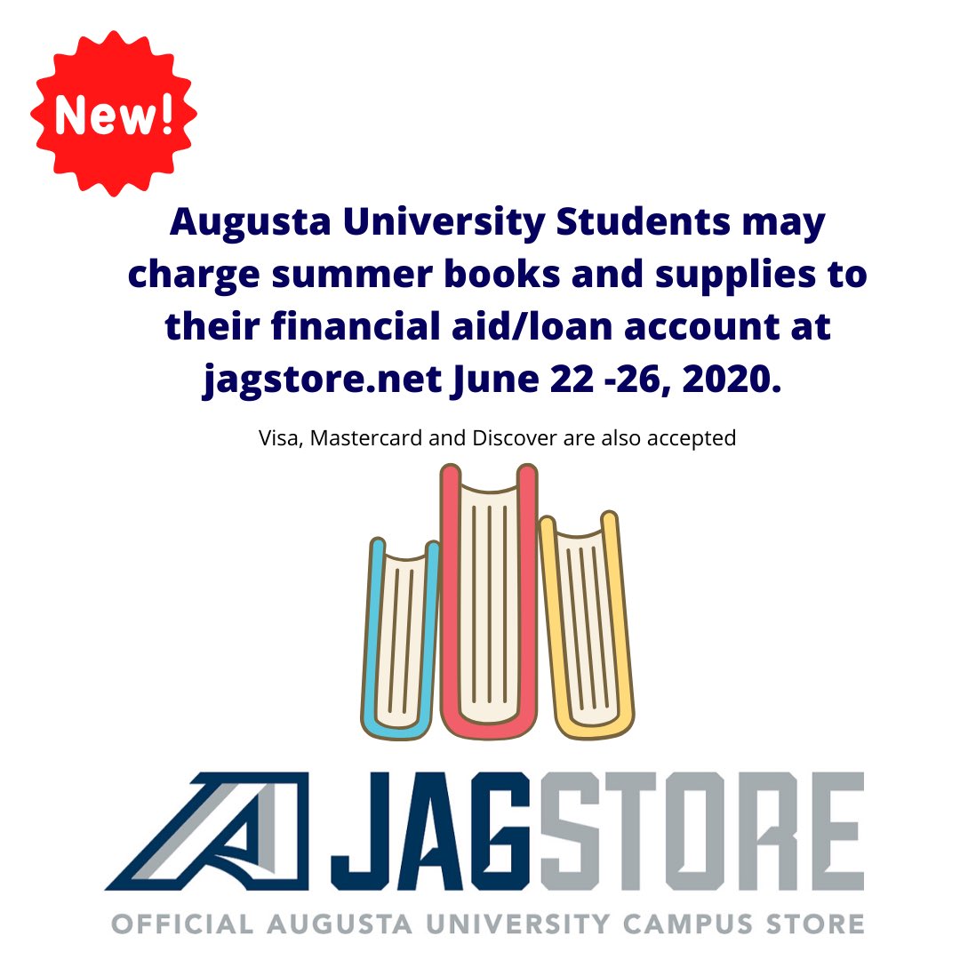 Still need summer ⁦<a href="/AUG_University/">Augusta University</a>⁩ books? Get them now at jagstore.net ⁦<a href="/AUG_JAGWIRE/">JAGWIRE</a>⁩ ⁦<a href="/AUG_Cyber/">AUG School of Computer and Cyber Sciences</a>⁩ ⁦<a href="/AUG_CollegeofEd/">AU College of Education and Human Development</a>⁩ ⁦<a href="/AUG_Hull/">Hull College at AU</a>⁩ ⁦<a href="/AUG_Pamplin/">AUG Pamplin College</a>⁩ ⁦<a href="/AugCSM/">AUG College of Science & Math</a>⁩ ⁦<a href="/AUG_nursing/">AUG_Nursing</a>⁩ ⁦<a href="/AUG_ArtDept/">AUG Art and Design</a>⁩ ⁦⁦<a href="/aug_bellringer/">The Bell Ringer</a>⁩