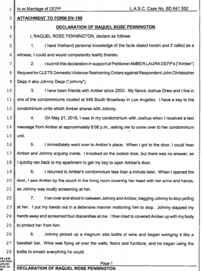 Raquel Pennington Amber's friendClaimed she witnessed Johnny being aggressive with Amber and breaking things