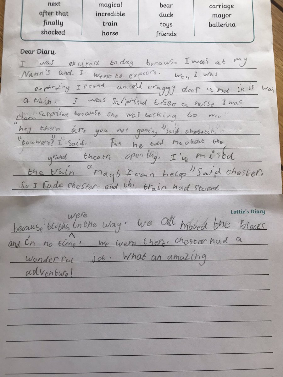 SimkinsRachel's tweet photo. @2svwoodlands I’ll be honest, this has taken 2 days to write and multiple bribes and threats but she’s finally written Lottie’s diary! Now time to enjoy the sun 🙌🏻😂 #teachersdeserveamedal #reluctantwriter https://t.co/lb9YPQFZhu