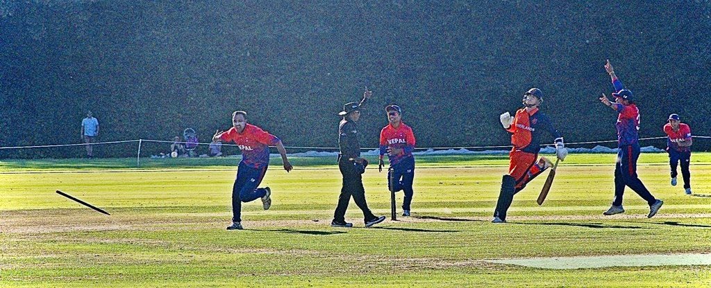 Penultimate ball by 1 runs .This was Nepal first ever ODI Win where everyone chipped in with contribution like  @Sompal_Kami  @Sandeep25 and mang more. @Sompal_Kami becoming the MOM for first time in ODI history