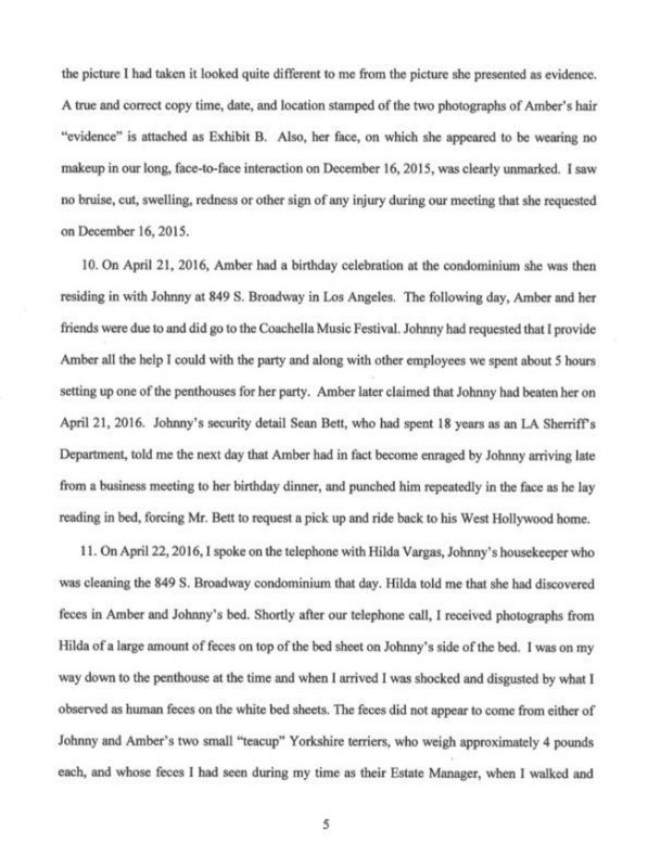 Witnessed the faeces on the bed, received a telephone call from Johnny and Amber on May 21. She screamed at him and he heard Johnny ask for a divorce
