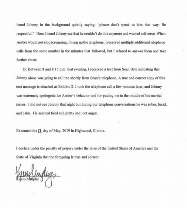 Witnessed the faeces on the bed, received a telephone call from Johnny and Amber on May 21. She screamed at him and he heard Johnny ask for a divorce