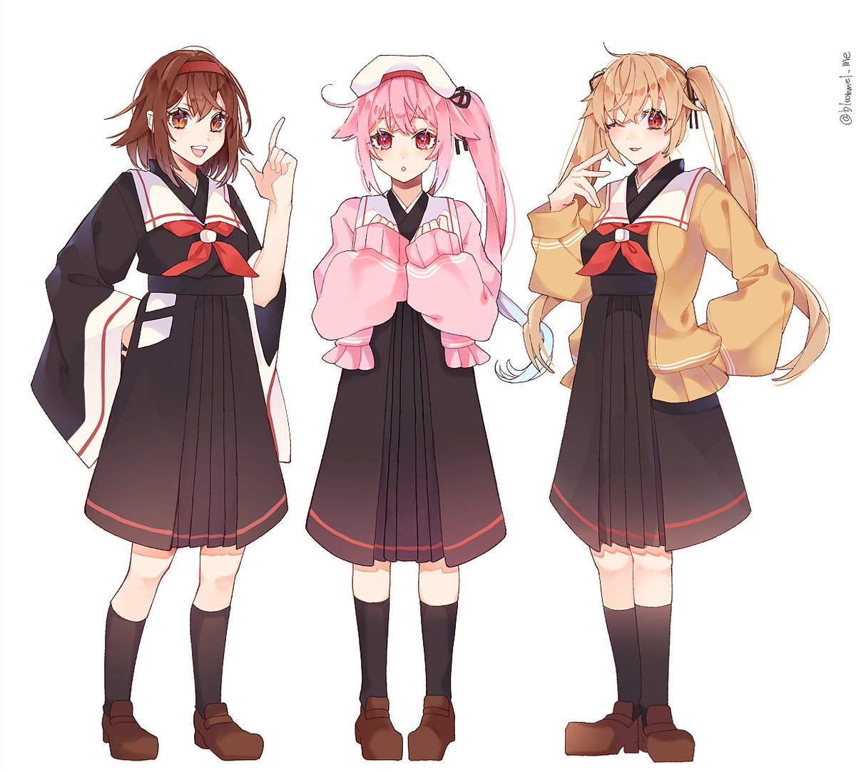 harusame (kancolle) ,murasame (kancolle) ,shiratsuyu (kancolle) pink hair multiple girls twintails 3girls brown hair adapted costume long hair  illustration images