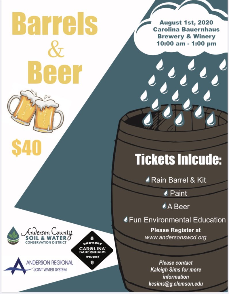 Please share OR come join us for Rain Barrels and Beer ❤️🌿💧 All proceeds go towards an environmental mini-grant for our Anderson County community #andersonSC #protectourwater #rainbarrels #soilandwater #watershed            andersonswcd.org/Barrels-and-Be…