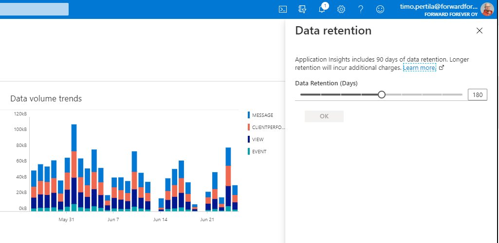 timopertila's tweet image. Joku muukin kuin minä on saattanut elää uskossa että #ApplicationInsight&apos;in saa tallentamaan dataa ainoastaan 90 päivän ajalta. Ehei. Max 730 päivää!