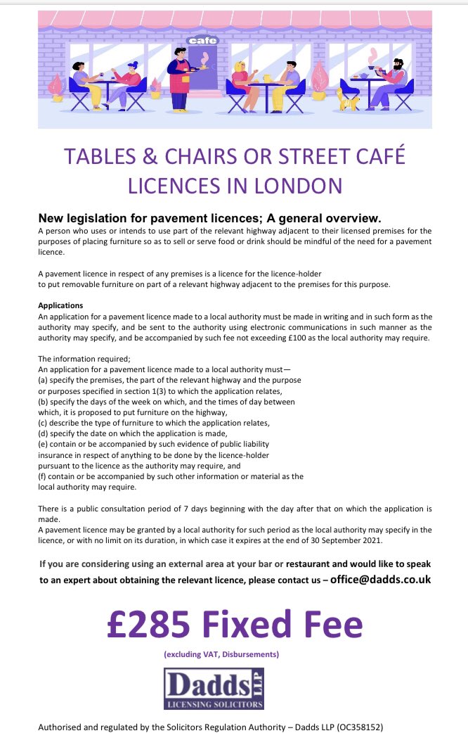 Dadds_LLP's tweet image. New Legislation regarding pavement licences #dadds #pavementlicence #tablesandchairs #London #licensing #cafeculture