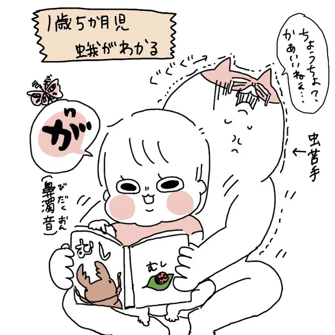 ちょうちょが好きすぎて虫の本の蝶のページひたすら読んでるんだけどいつの間にか次のページの、今までちょうちょ!って言ってた蛾のことを「が」って言うようになってた。虫愛づる姫になるのか・・・怖いよ…母は虫めちゃ怖なんや…でも先週昆虫館デビューしたからえらい(私が)#ぽっちゃん 