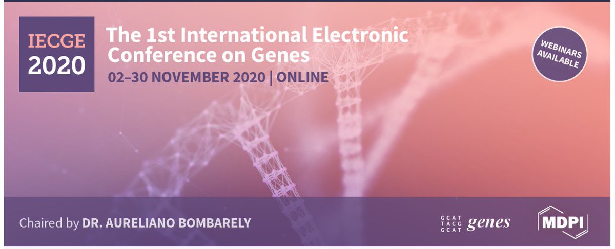 Genes MDPI (@genes_mdpi) on Twitter photo We are pleased to announce the 1st International Electronic Conference on Genes: Theoretical and Applied Genomics #IECGE2020
Chaired by Dr. <a href="/aubombarely/">Aureliano Bombarely</a> and held virtually from 2 to 30 November 2020.
Open now for abstract submission and registration: sciforum.net/conference/IEC… We are pleased to announce the 1st International Electronic Conference on Genes: Theoretical and Applied Genomics #IECGE2020
Chaired by Dr. <a href="/aubombarely/">Aureliano Bombarely</a> and held virtually from 2 to 30 November 2020.
Open now for abstract submission and registration: sciforum.net/conference/IEC…