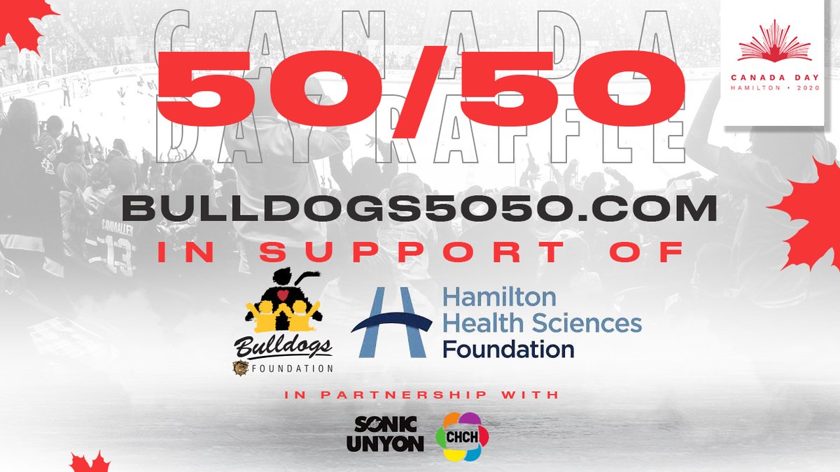BulldogsOHL's tweet photo. Bulldogs' Foundation Announces Canada Day 50-50 In Support Of Hamilton Health Sciences Foundation.

Get your tickets at https://t.co/vhXkY7niVW.

For more info visit https://t.co/k6dtJFP3xk.

#HamONT #CanadaDay https://t.co/oGvtwkIVdW