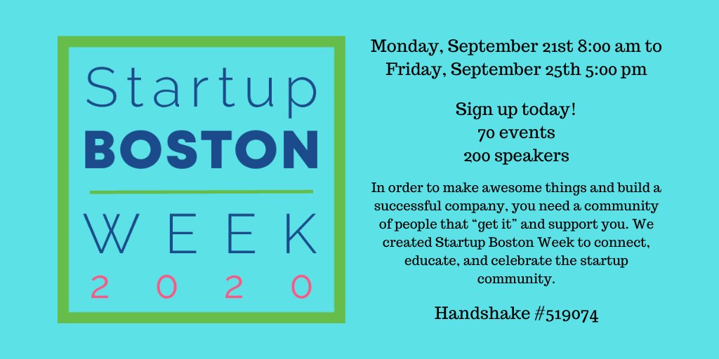 Startup Boston Week 2020, 9/21 - 9/25
A 5-day event that is jam-packed with all of the educational content and networking you could need to start or scale your startup. 70 events and 200 speakers, sign up today! buff.ly/2Z6DJ89 #startups <a href="/Nichols_College/">Nichols College</a>