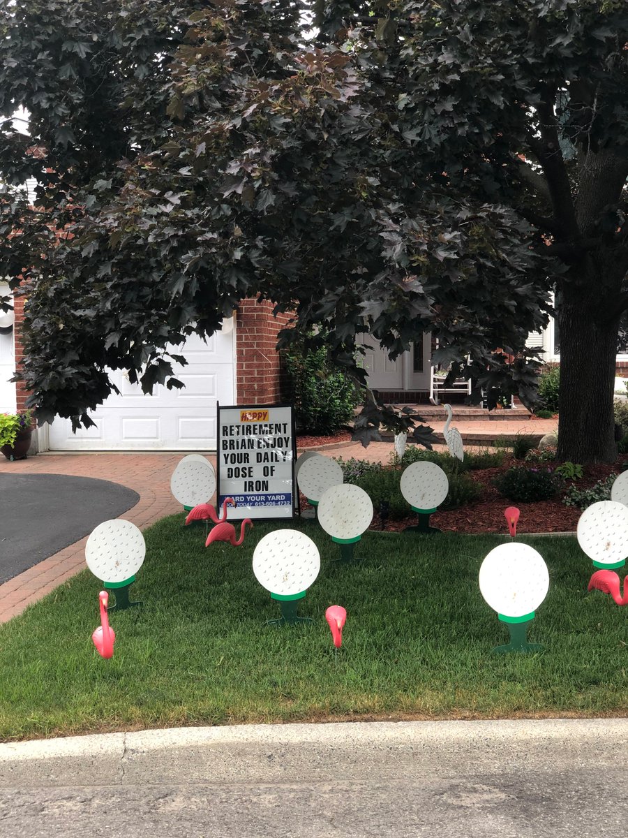 CDA_AMC's tweet photo. Happy #BrianORourkeDay! Celebrating
@ORourke_B's retirement while #SocialDistancing is a very challenging task. Here’s one of the ways we made sure he knew he would be missed from the moment he woke up. Surprise! #ORourkeRetires #LawnSigns https://t.co/K115ekE1Qe