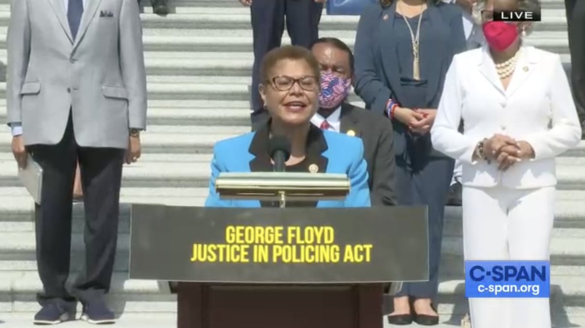 C-SPAN screenshot of Rep. Karen Bass speaking at the press conference on the House steps.