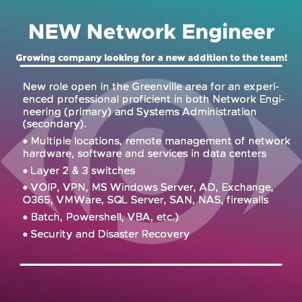 PerceptiveRecr1's tweet image. Senior Network Engineer position open in the Upstate! 
Opportunity to join a growing company. Visit our website to learn more and apply! www2.jobdiva.com/portal/?a=m4jd… #PerceptiveRecruiting #WomanOwned #SupplierDiversity #DirectPlacement #GVLToday #GSABusinessReport #yeahTHATgreenville