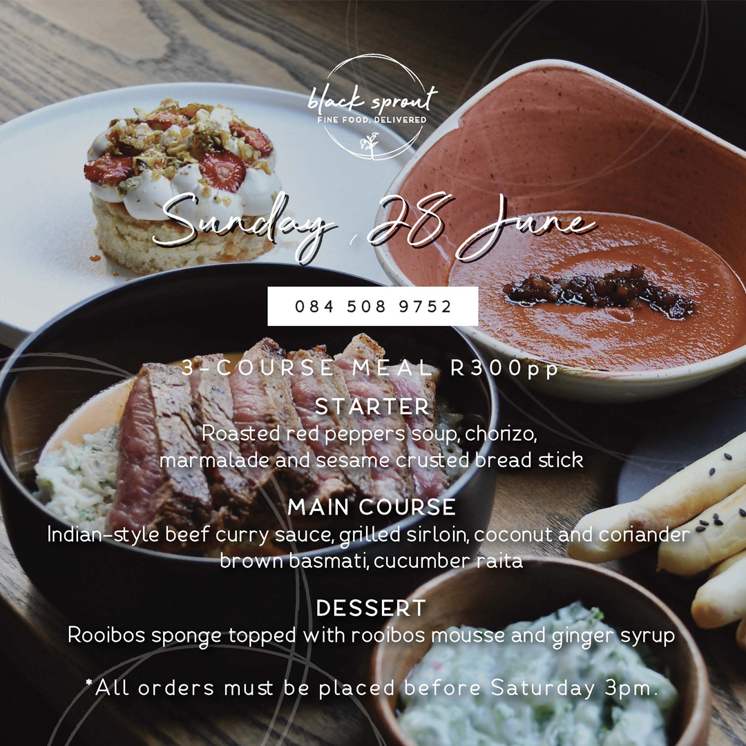 mbhrestaurant's tweet photo. Check out this Sunday the 28th of June’s menu. Phone / Whatsapp your order to 084 508 9752, R300pp. *All orders must be placed before Saturday 3pm, collections only.

#BlackSprout #BlackBamboo #foodie #yum #redpepper #soup #chorizo #sirloin #curry #rooibos #sponge #dessert https://t.co/aegX5vAW0e