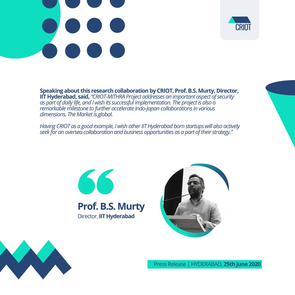 CRIOTin's tweet photo. CRIOT Innovations is proud to announce it's collaboration with Technocorpus, Tokyo in this press release by IIT Hyderabad. Read what our founders, advisor and director of IIT- H had to say! 
Many more to go! https://t.co/siuXx3JSbw