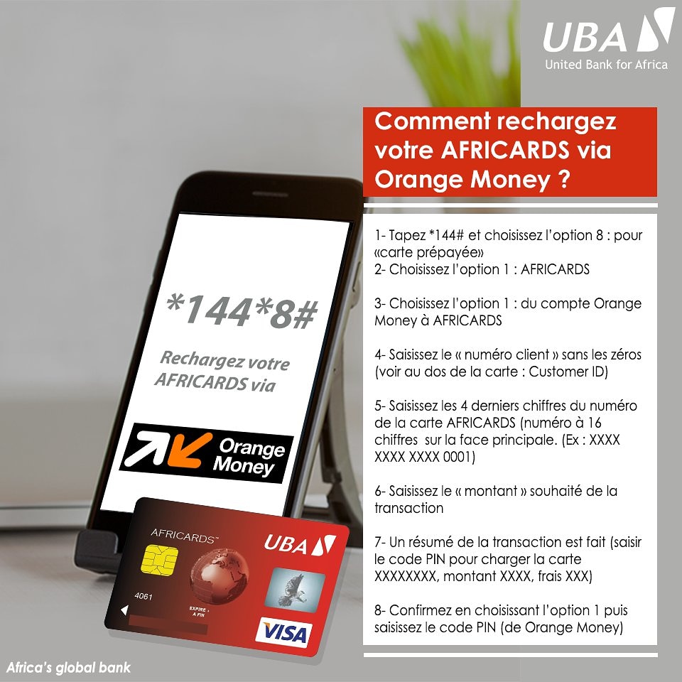 UBABurkina's tweet photo. #UBABurkina #AFRICARDS #OrangeMoney 
Savez-vous qu'il est possible de recharger votre carte prépayée Visa AFRICARDS via Orange Money ? 
Eh oui ! C'est possible !!! 
Rechargez votre carte sans vous déplacer. 
Tapez *144*8# et suivez les instructions. https://t.co/V8kLGY654o