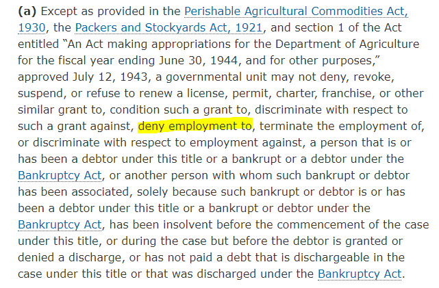 But that's not how judges in three appeals courts interpreted the wording in lawsuits filed by rejected job applicants after the 2008 economic recession. Why not? They looked at this provision right above it, which bans governments from discriminating against job seekers.