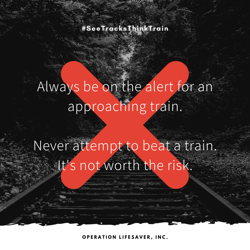 The train is faster than you are.
🚊
Never walk around or behind lowered gates at a crossing. #SeeTracksThinkTrain